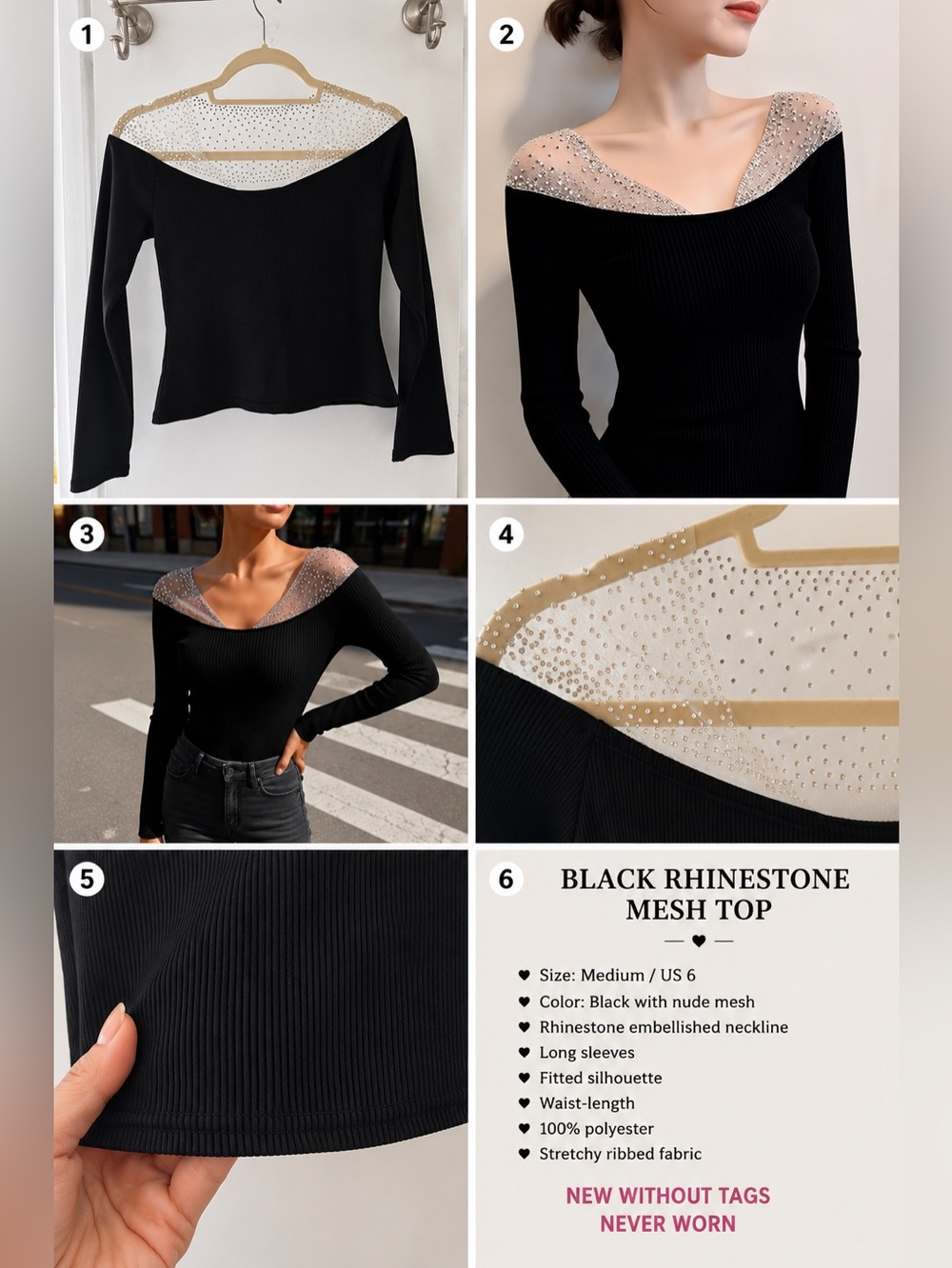 Black Rhinestone-Embellished Ribbed Top NWT